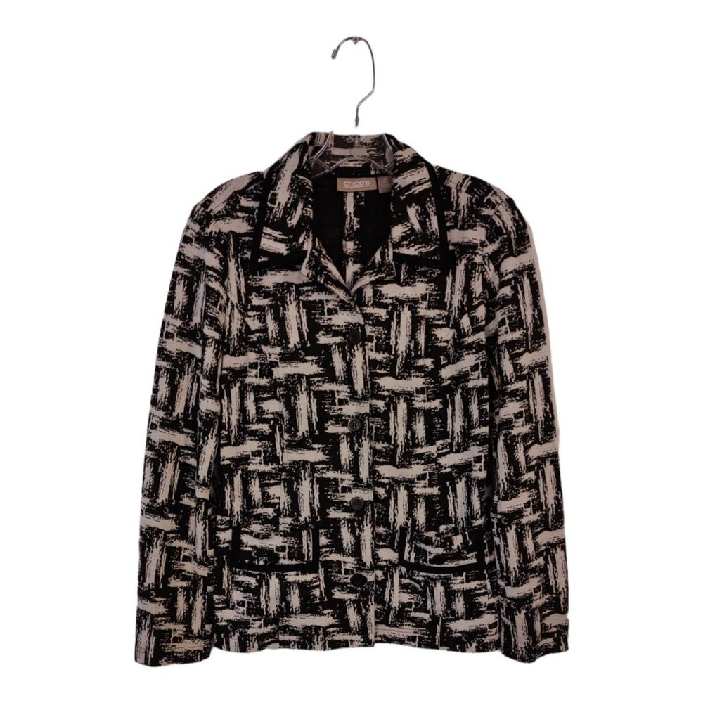 Chico's Womens Knit Cardigan Sweater Sz 0 Pockets Black White Button Collar